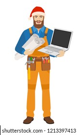 Worker in Santa hat with laptop notebook holding the project plans. Full length portrait of worker in a flat style. Vector illustration.