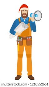 Worker in Santa hat with loudspeaker holding the project plans. Full length portrait of worker in a flat style. Vector illustration.