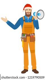Worker in Santa hat  with loudspeaker shows something beside of him. Full length portrait of worker in a flat style. Vector illustration.