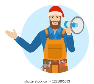 Worker in Santa hat  with loudspeaker shows something beside of him. Portrait of worker in a flat style. Vector illustration.