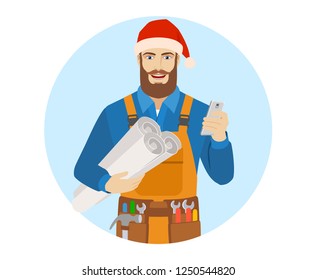 Worker in Santa hat with mobile phone holding the project plans. Portrait of worker in a flat style. Vector illustration.