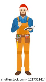 Worker in Santa hat with pen and pocketbook. Full length portrait of worker in a flat style. Vector illustration.