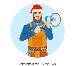 Worker in Santa hat pointing at the loudspeaker. Portrait of worker in a flat style. Vector illustration.