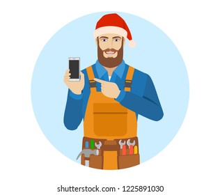 Worker in Santa hat pointing at a mobile phone. Portrait of worker in a flat style. Vector illustration.