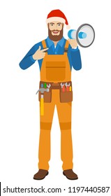 Worker in Santa hat pointing on the loudspeaker. Full length portrait of worker in a flat style. Vector illustration.
