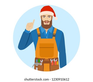 Worker in Santa hat pointing up. Portrait of worker in a flat style. Vector illustration.