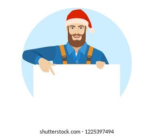 Worker in Santa hat pointing at white blank poster. Portrait of worker in a flat style. Vector illustration.