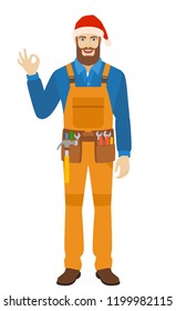 Worker in Santa hat show a okay hand sign. Full length portrait of worker in a flat style. Vector illustration.