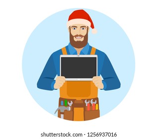 Worker in Santa hat showing blank digital tablet PC. Portrait of worker in a flat style. Vector illustration.