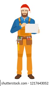 Worker in Santa hat showing a a paper. Full length portrait of worker in a flat style. Vector illustration.