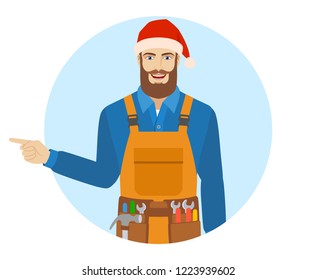 Worker in Santa hat showing somewhere. Portrait of worker in a flat style. Vector illustration.