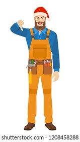Worker in Santa hat showing thumb down gesture as rejection symbol. Full length portrait of worker in a flat style. Vector illustration.