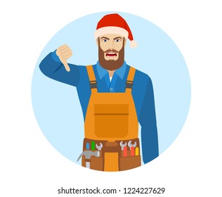 Worker in Santa hat showing thumb down gesture as rejection symbol. Portrait of worker in a flat style. Vector illustration.
