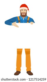 Worker in Santa hat showing white blank poster. Full length portrait of worker in a flat style. Vector illustration.