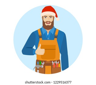 Worker in Santa hat shows thumb up. Portrait of worker in a flat style. Vector illustration.