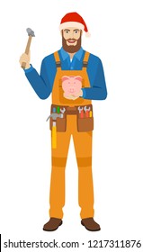 Worker in Santa hat trying to break a piggy bank with a hammer. Full length portrait of worker in a flat style. Vector illustration.