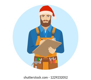 Worker in Santa hat writes on the clipboard closeup. Portrait of worker in a flat style. Vector illustration.