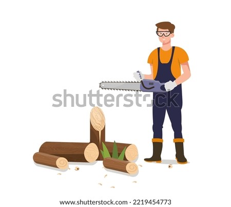 Worker sawing logs with electric saw.  Timber wood, lumberjacks. Woodcutter, carpenter working.  Firewood preparation. Poster, banner. Flat vector illustration