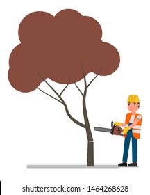 Worker sawing wood chainsaw. Vector illustration, flat design style. Isolated on a white background.