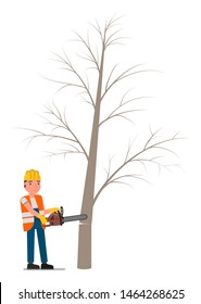 A worker saws a dried tree by a chainsaw. Vector illustration, flat design style. Isolated on a white background.