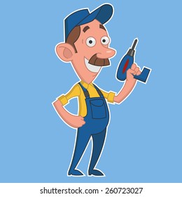 Worker with screwdriver. Vector illustration.  Workaholic caricature.