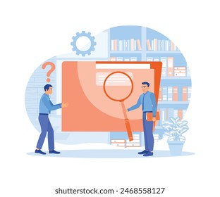 The worker searches for files in the home folder. Save and group files. Storage concept. Flat vector illustration.