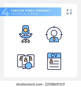 Worker selection process pixel perfect RGB color icons set. Job position. Applicant resume. Choosing employee. Isolated vector illustrations. Simple filled line drawings collection. Editable stroke