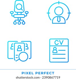 Worker selection process pixel perfect gradient linear vector icons set. Job position. Applicant resume. Employee. Thin line contour symbol designs bundle. Isolated outline illustrations collection