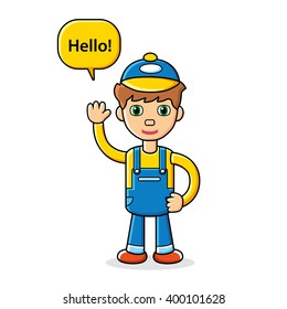 Worker or service man character saying hello.