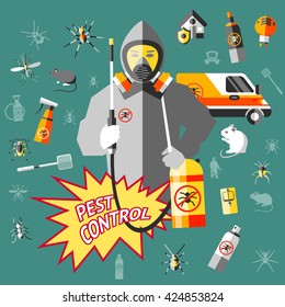Worker Of Service For Pest Control In Protective Clothes With Equipment On Dark Turquoise Background Vector Illustration 