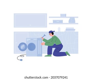 Worker of service repair fixing or connects washing machine in bathroom. Plumber with repairing equipment work with home appliance. Flat cartoon vector isolated illustration.