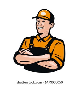 Worker or serviceman in overalls. Service, repair, delivery logo. Vector illustration