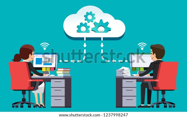 Worker Sharing Information Collaborate Service Internet Stock Vector