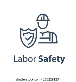 Worker And Shield, Medical Insurance, Labor Safety, Health Protection, Injury Coverage, Vector Line Icon