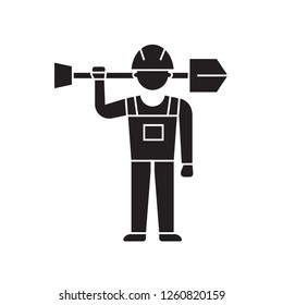 Worker with shovel black vector concept icon. Worker with shovel flat illustration, sign