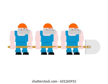 Worker with shovel. Worker in helmet and blue overall. Three workers holding big shovel
