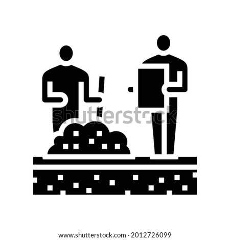worker shovel soil for analyzing glyph icon vector. worker shovel soil for analyzing sign. isolated contour symbol black illustration