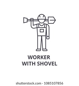 worker with shovel vector line icon, sign, illustration on background, editable strokes