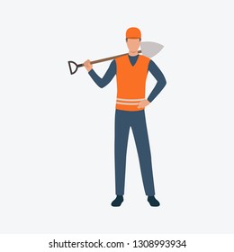 Worker with shovels flat icon. Spade, builder, orange waistcoat. Labor concept. Can be used for topics like digging, building work, construction site
