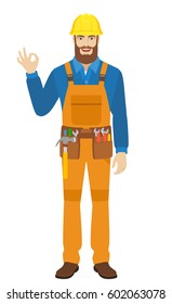 Worker show a okay hand sign. Full length portrait of worker in a flat style. Vector illustration.