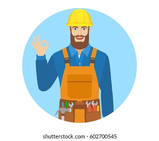 Worker show a okay hand sign. Portrait of worker in a flat style. Vector illustration.
