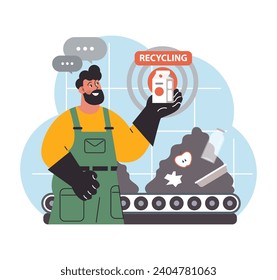 Worker showcases a recycling app while sorting trash on a conveyor, emphasizing modern and tech-driven waste management practices. Flat vector illustration.