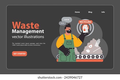 Worker showcases a recycling app while sorting trash on a conveyor, emphasizing modern and tech-driven waste management practices. Flat vector illustration.