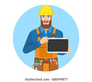 Worker showing blank digital tablet PC. Portrait of worker in a flat style. Vector illustration. - Powered by Shutterstock - Get 15% off with code: PIKWIZARD15