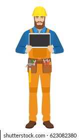 Worker showing blank digital tablet PC. Full length portrait of worker character in a flat style. Vector illustration.