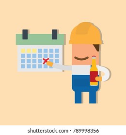 Worker showing a calendar with a beer, vector illustration design. Construction characters collection.