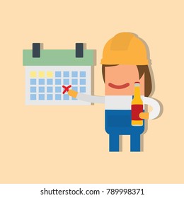 Worker showing a calendar with a beer, vector illustration design. Construction characters collection.