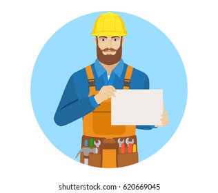 Worker showing a a paper. Portrait of worker in a flat style. Vector illustration.