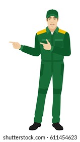 Worker showing something beside of him. Full length portrait of Delivery man or Worker in a flat style. Vector illustration.