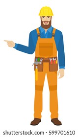 Worker showing somewhere. Full length portrait of worker in a flat style. Vector illustration.